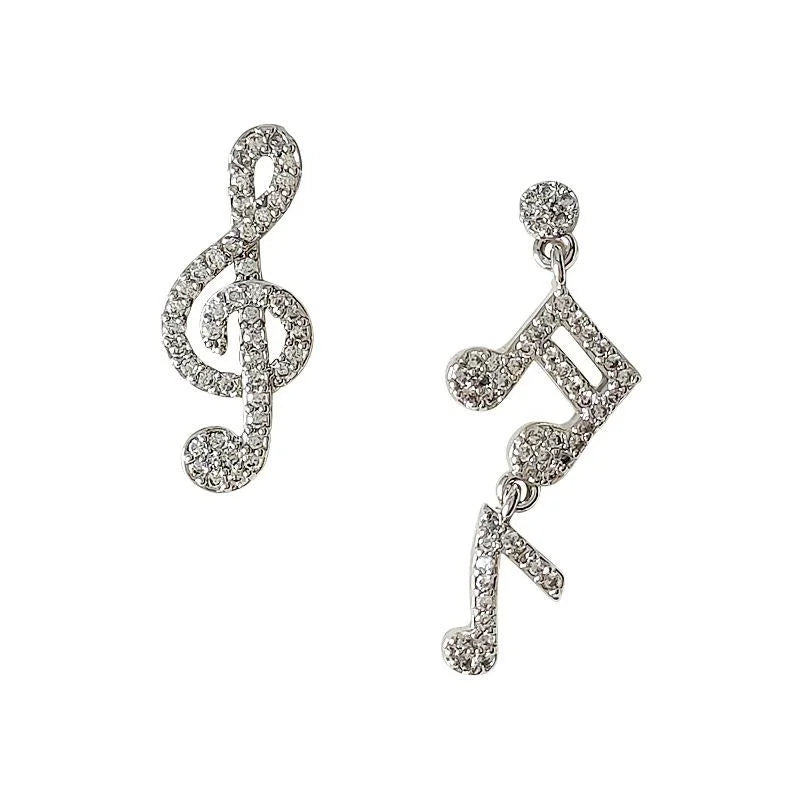 Asymmetric Music Note Micro Pave Zircon Copper Stud Earrings Silver Plated Sweet Cool Jewelry