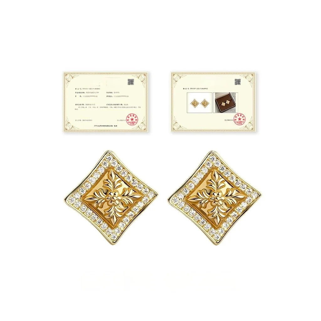 High-End Iris Flower Geometric Square Micro Pave Zircon Copper Stud Earrings With Silver Plated Pins