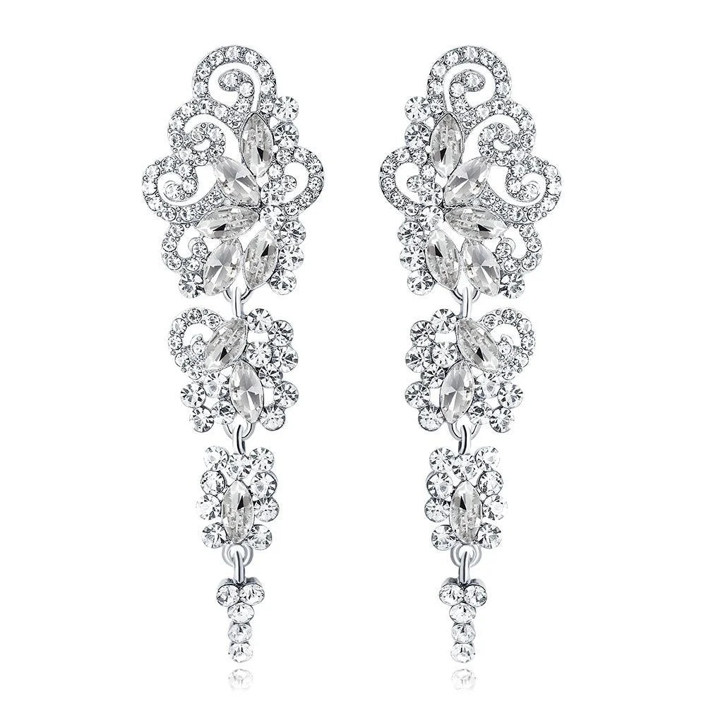 Luxury Hollow Scroll Alloy Rhinestone Long Drop Earrings For Bridal Wedding Party Banquet Jewelry