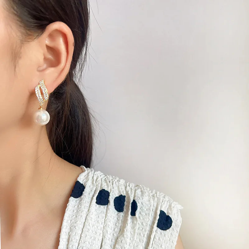 Elegant Pearl Drop Spiral Zircon Pave Alloy Stud & Clip On No Piercing Luxury Women's Earrings
