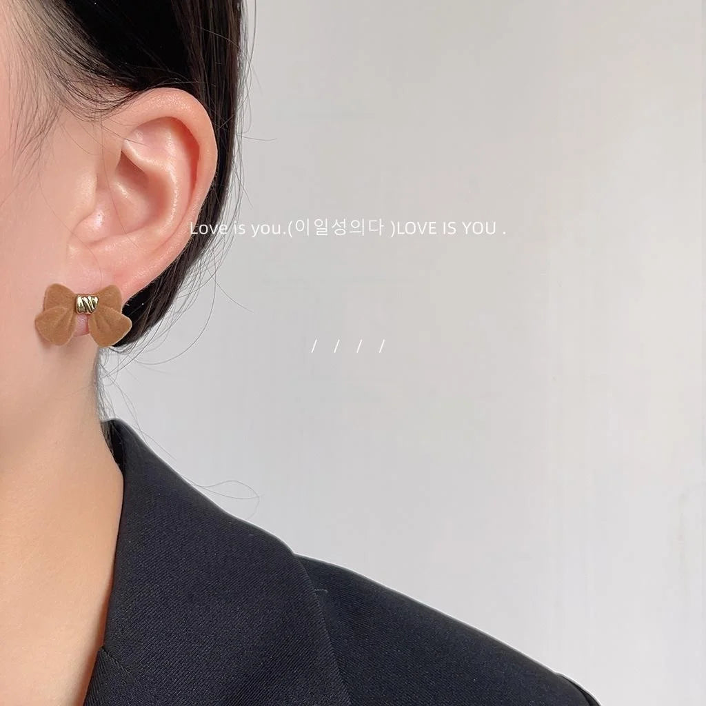 Winter Flocked Bow Stud Earrings Korean Japanese Sweet Cute Silver Plated Metal Jewelry