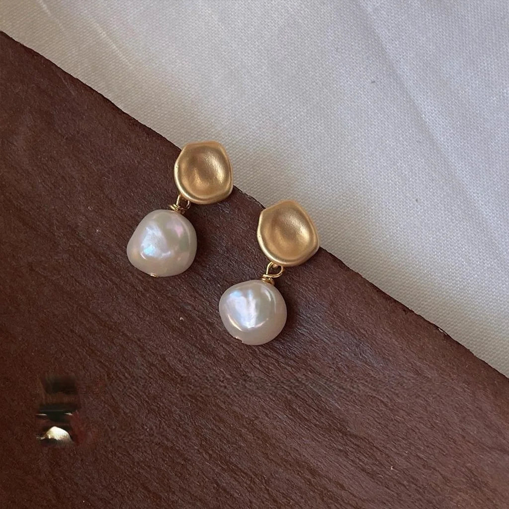 Baroque Freshwater Pearl Stud Earrings Matte Silver Plated Copper Geometric Vintage Jewelry
