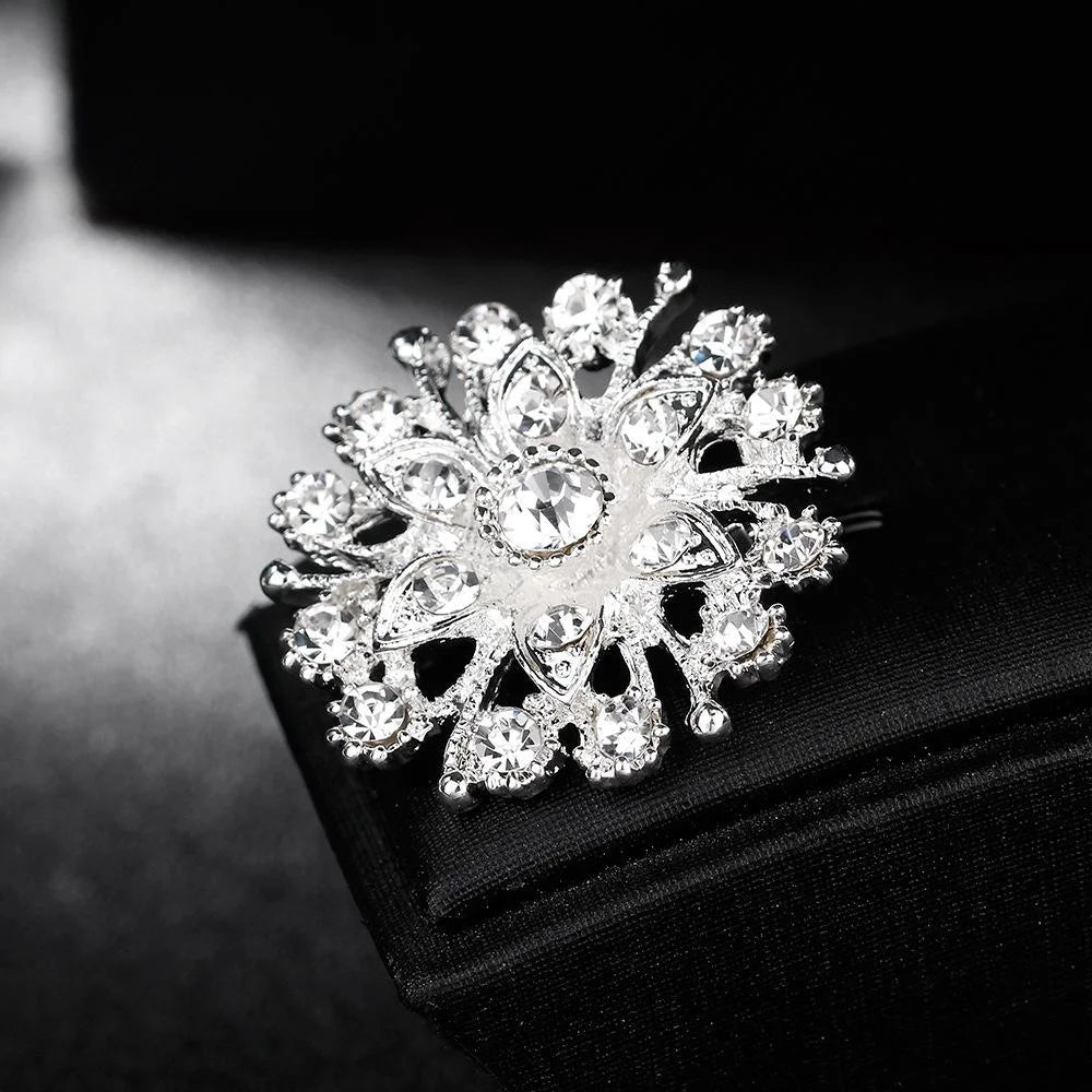 Elegant Silver Rhinestone Crystal Flower Brooch, Small Alloy Lapel Pin Corsage For Women Suit Accessory