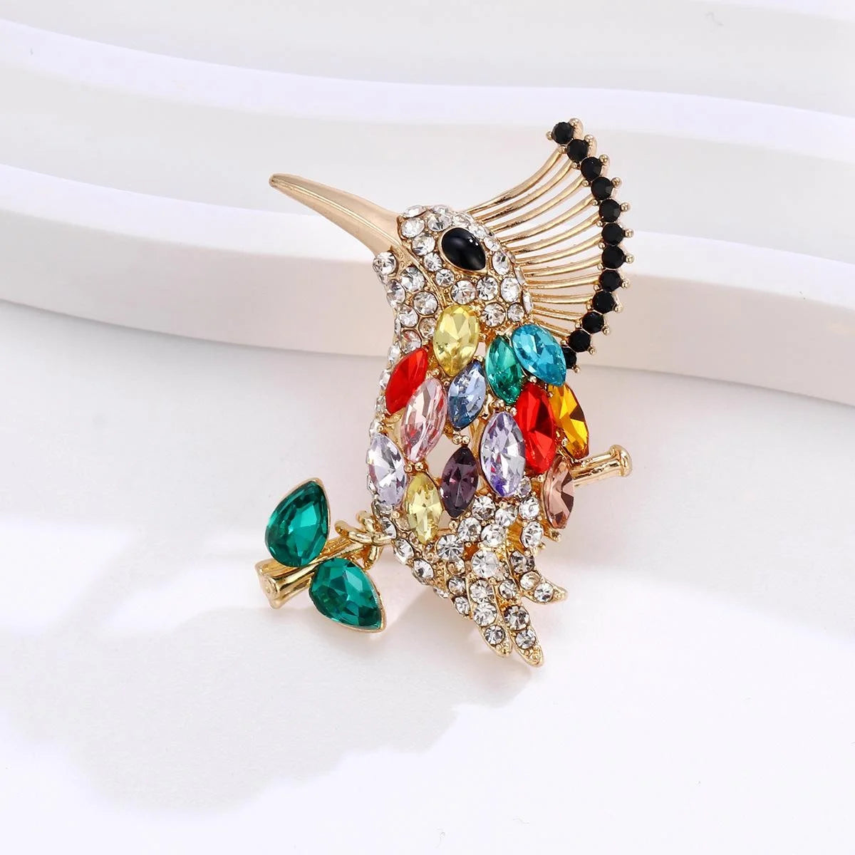 Luxury Colorful Rhinestone Bird Brooch On Gold Alloy Branch, Elegant Animal Lapel Pin Suit Accessory Gift