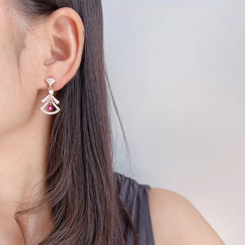 Elegant Fan Skirt Zircon Rhinestone Drop Stud & Clip On No Piercing Rose Gold Alloy Earrings