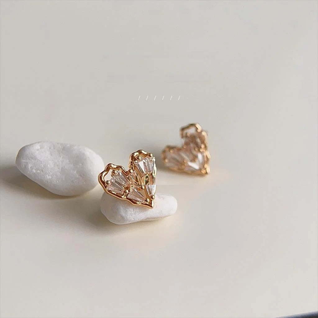 14K Gold Plated Copper Heart Zircon Micro Pave Stud Earrings For Women