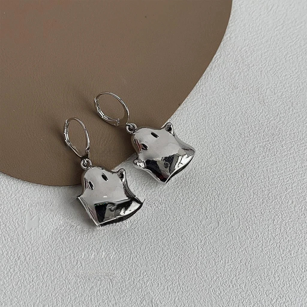 Sweet Cool Silver Metal Little Ghost Drop Earrings For Women Irregular Geometric Minimalist Jewelry