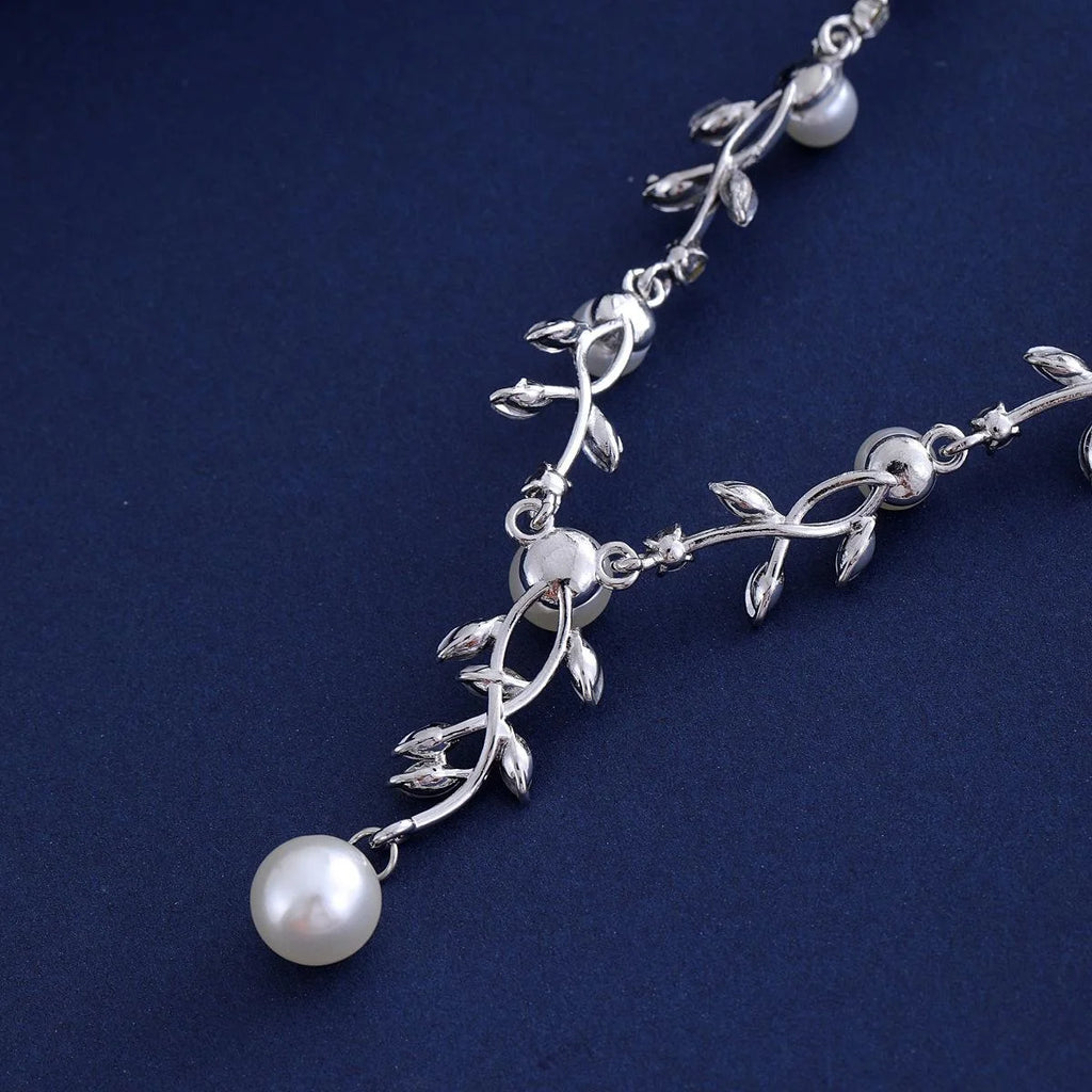 Elegant Pearl Leaf Necklace And Earrings Jewelry Set With Rhinestone Crystal Bridal Jewelry For Wedding Party