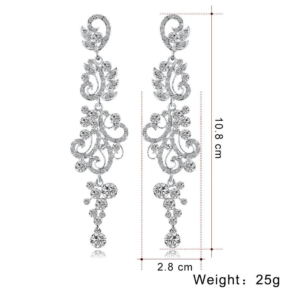 Luxury Rhinestone Crystal Long Chandelier Earrings, Elegant Silver Floral Scroll Dangle Jewelry For Wedding Party