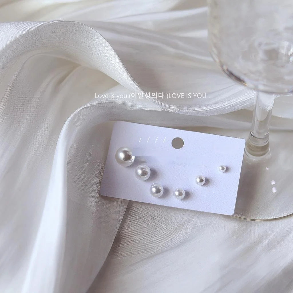 3 Piece Silver Plated Pin Resin Pearl Round Geometric Korean Japanese Stud Earrings