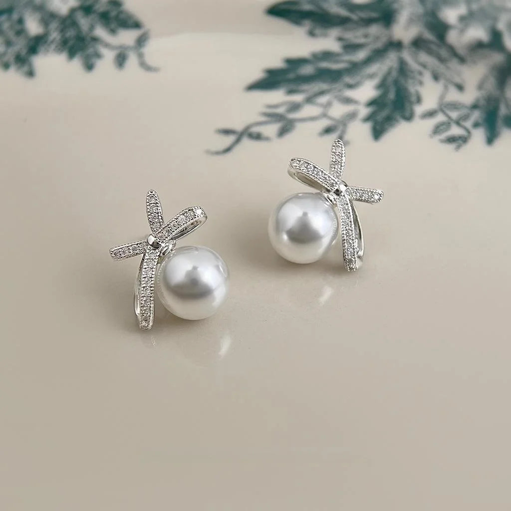 Light Luxury Bowknot Micro Pave Zircon Copper Silver Plated Stud Earrings For Women