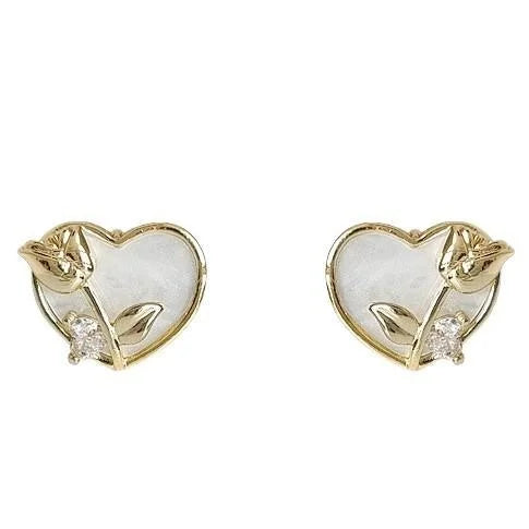 Modern Minimalist Copper Zircon Heart Tulip Flower Stud Earrings