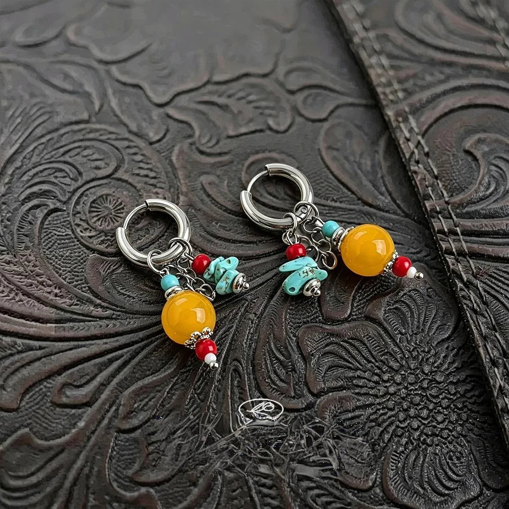 2026 New Chinese Style Geometric Colorful Beaded Copper Natural Stone Synthetic Turquoise Tassel Drop Earrings