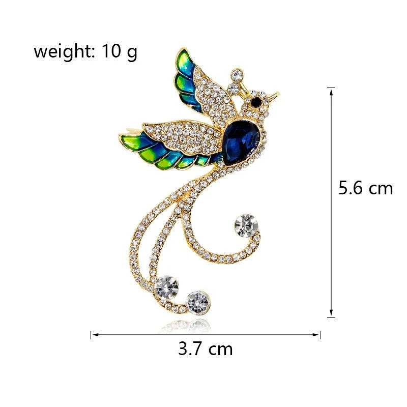 Luxury Phoenix Bird Rhinestone Enamel Brooch, Blue Green Crystal Lapel Pin Corsage Suit Accessory Gift