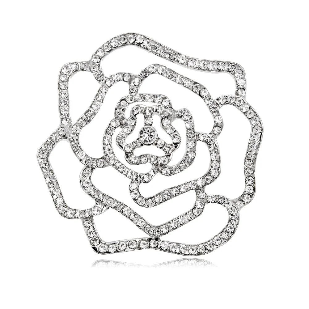 Elegant Rose Flower Brooch With Rhinestone Alloy Outline, Luxury Camellia Lapel Pin Corsage Suit Accessory