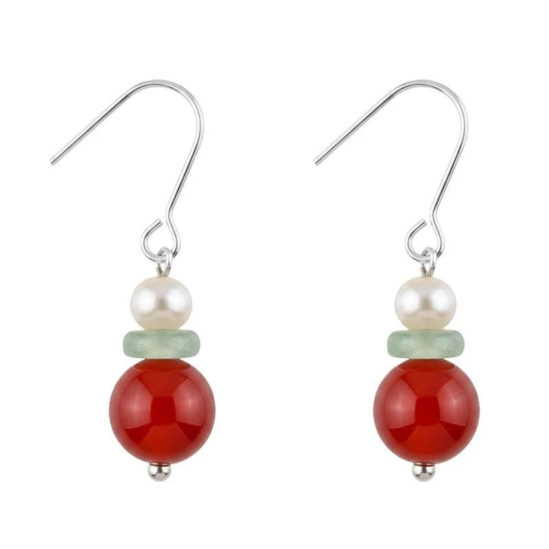 Vintage Palace Style Freshwater Pearl Red Agate Aventurine Geometric Round Drop Earrings