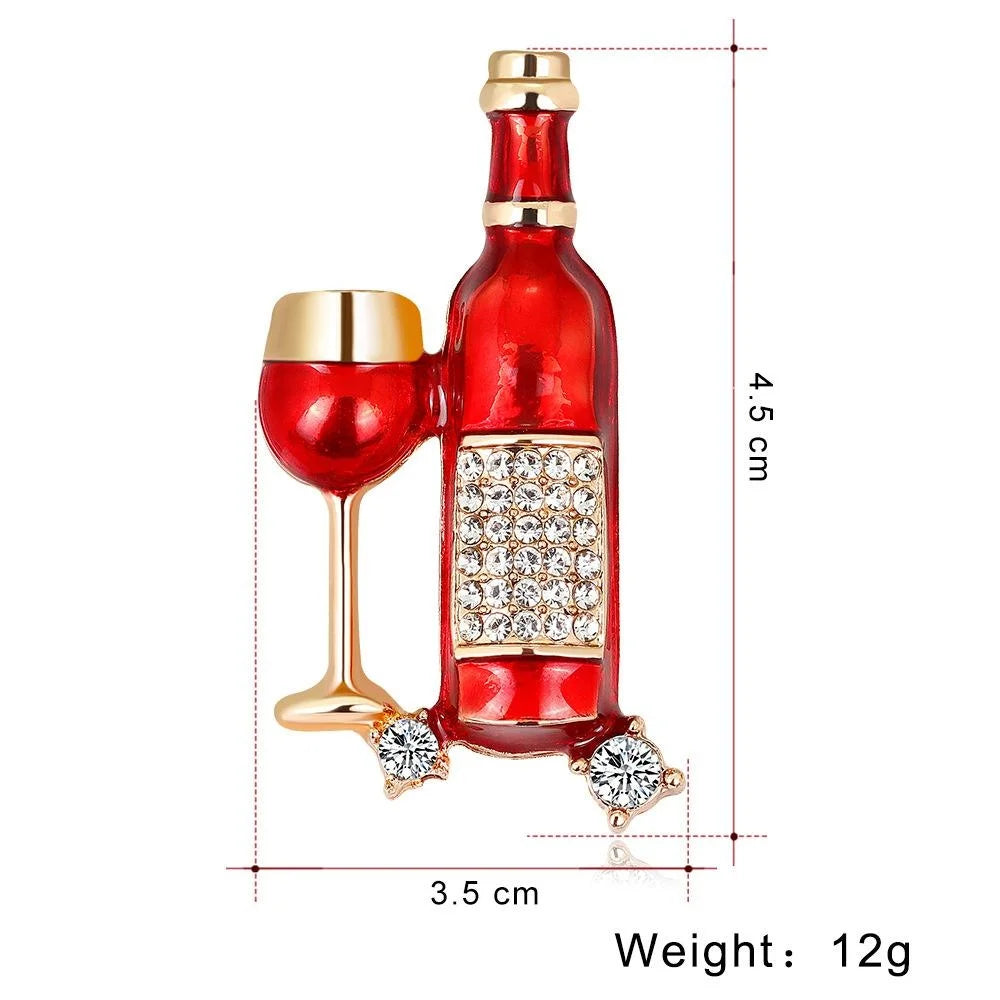 Luxury Enamel Rhinestone Wine Bottle And Glass Alloy Brooch, Elegant Creative Lapel Pin Suit Accessory
