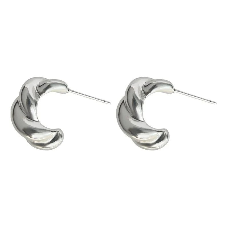 Silver Tone Twisted C Shaped Hoop Earrings Minimalist Geometric Fashion Jewelry