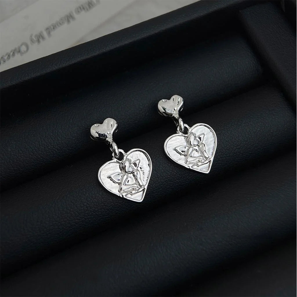 Silver Plated Copper Angel Heart Stud Earrings Korean Minimalist Cool Style Jewelry