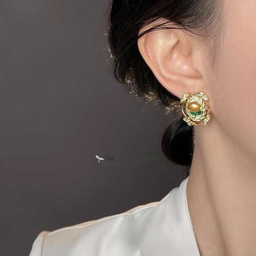 Vintage French Freshwater Pearl Floral Geometric 14K Plated Copper Stud Earrings