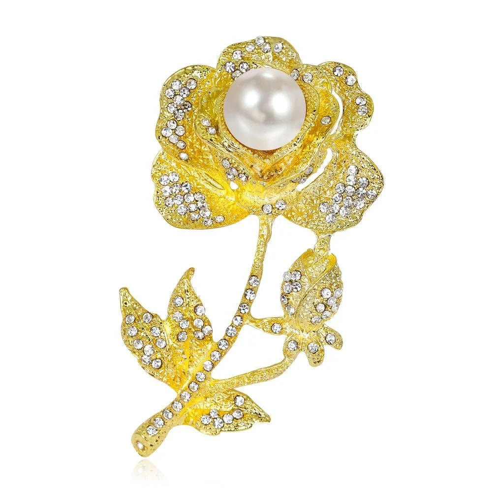 Elegant Rhinestone Rose Flower Brooch With White Pearl, Alloy Lapel Pin Corsage Suit Accessory Gift