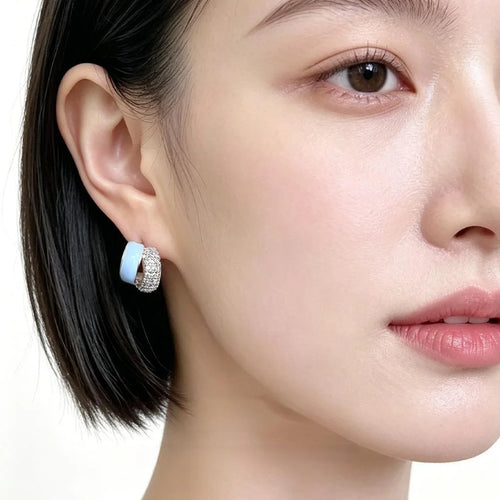 Fresh Blue Micro Pave Zircon Geometric Enamel Copper Stud Earrings For Women