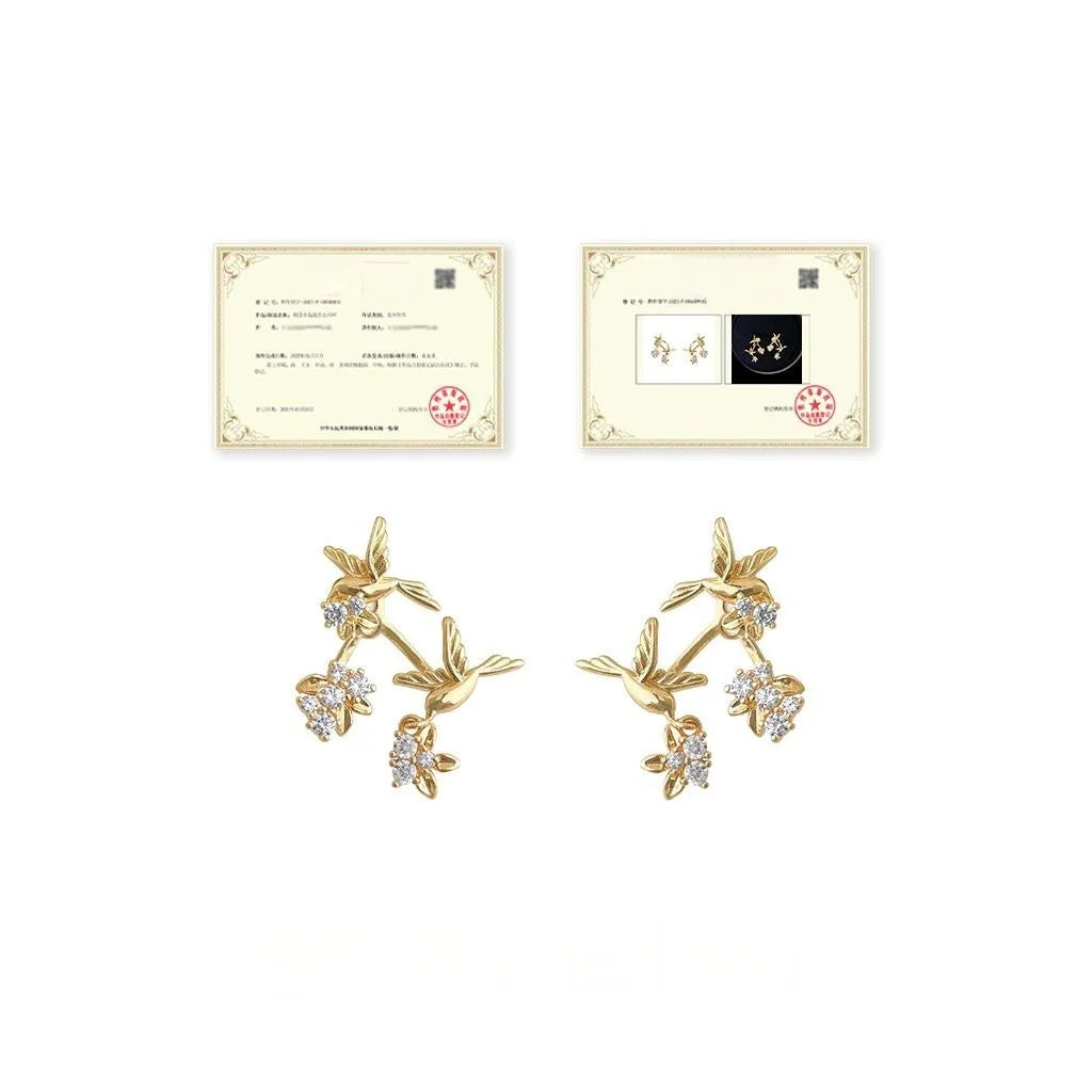 Multi Wear Flying Bird Zircon Copper Stud Earrings, Chic Niche Floral Animal Design