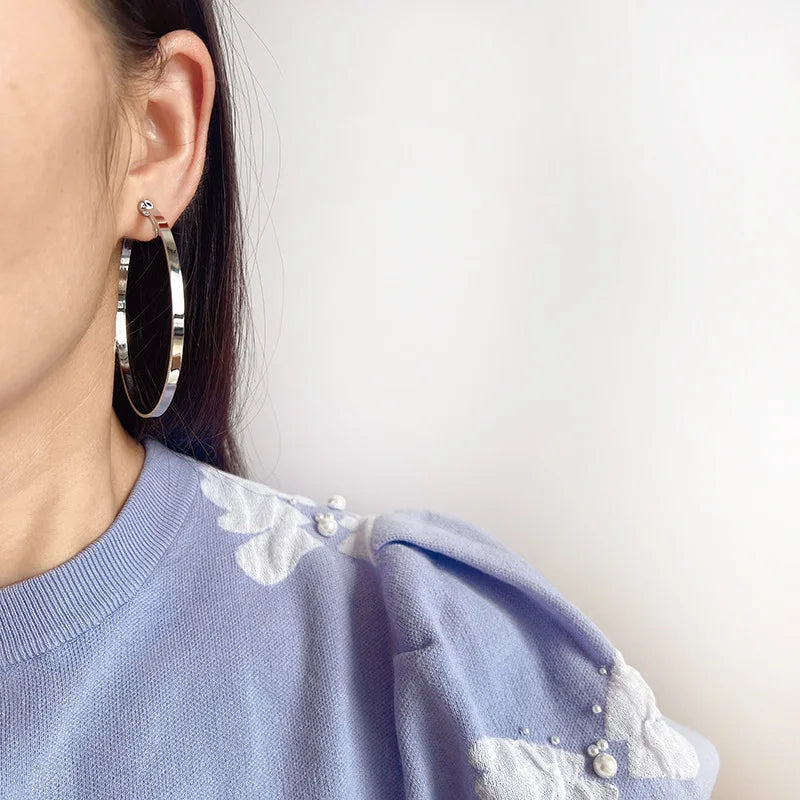Silver Alloy 6cm Oversized Spiral Disc Hoop Stud & Clip On No Piercing Statement Earrings