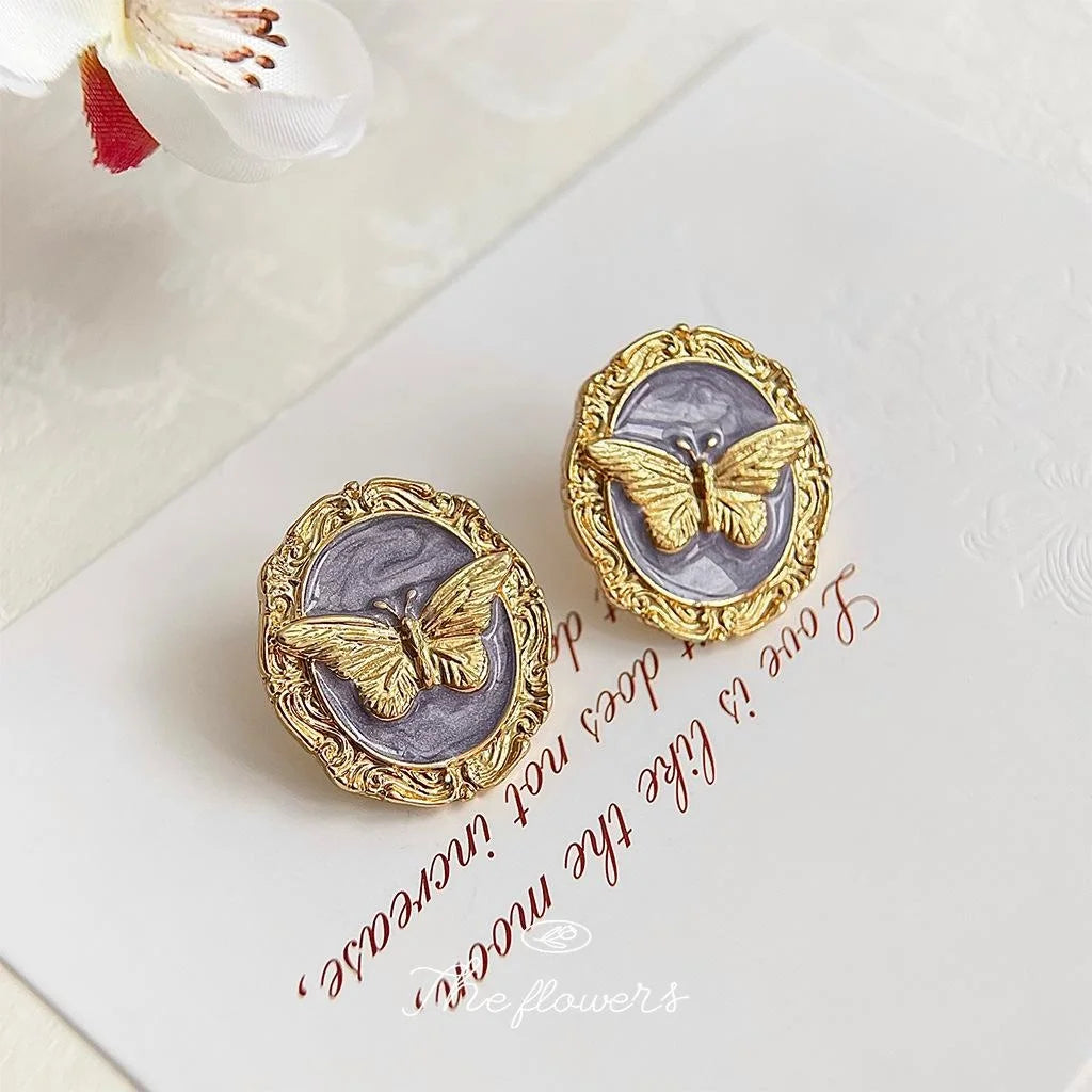 French Vintage Copper Butterfly Geometric Stud Earrings With Oil Painting Enamel Finish