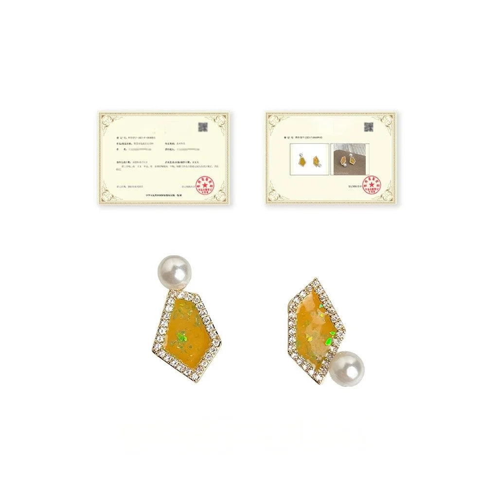 14K Gold Plated Copper Irregular Geometric Stud Earrings With Pearl Zircon Enamel Design