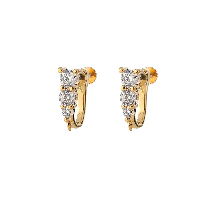 Elegant Gold Alloy Zircon Triple Stone Mini Hoop Stud & Clip On No Piercing Screw Back Earrings