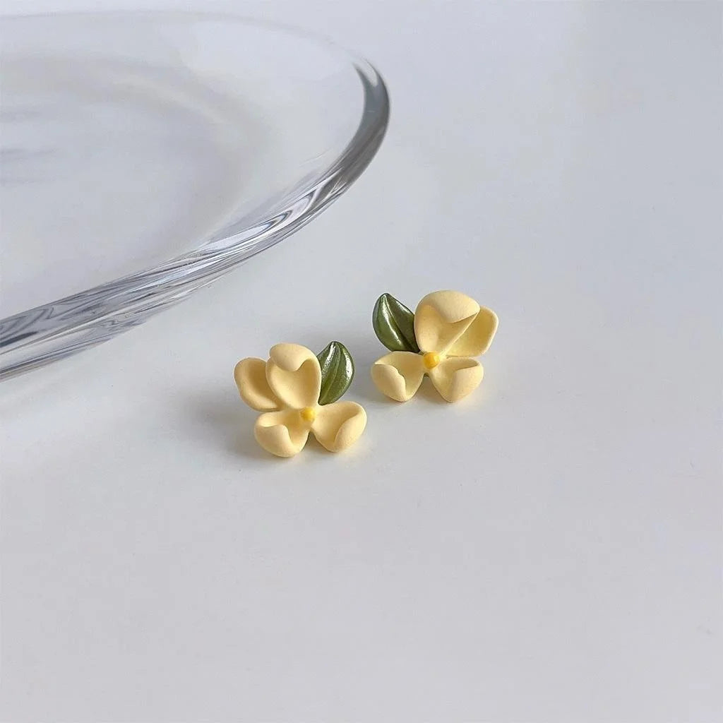 Forest Style Gardenia Flower Stud Earrings Silver Plated Enamel Metal Sweet Minimalist Jewelry