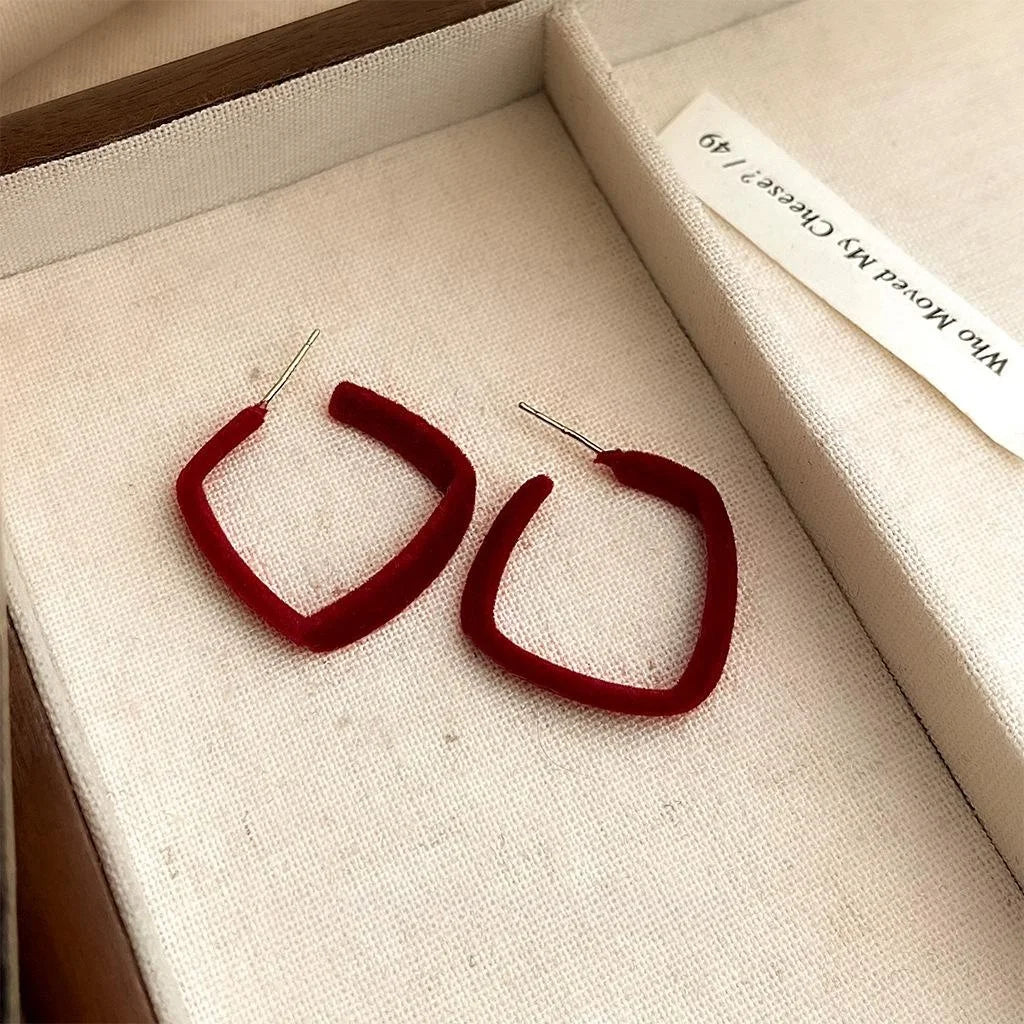 Burgundy Flocked Copper Geometric Ring Square Drop Earrings Vintage Hong Kong Style