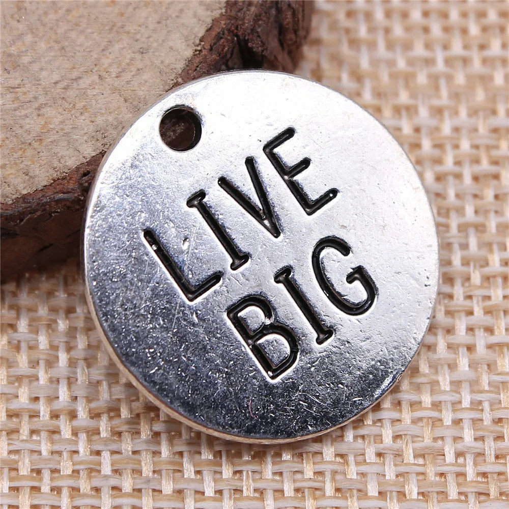 25x25mm 4.8g Antique Zinc Alloy Round LIVE BIG Word Tag Letter Charm Pendant for DIY Bracelet Necklace