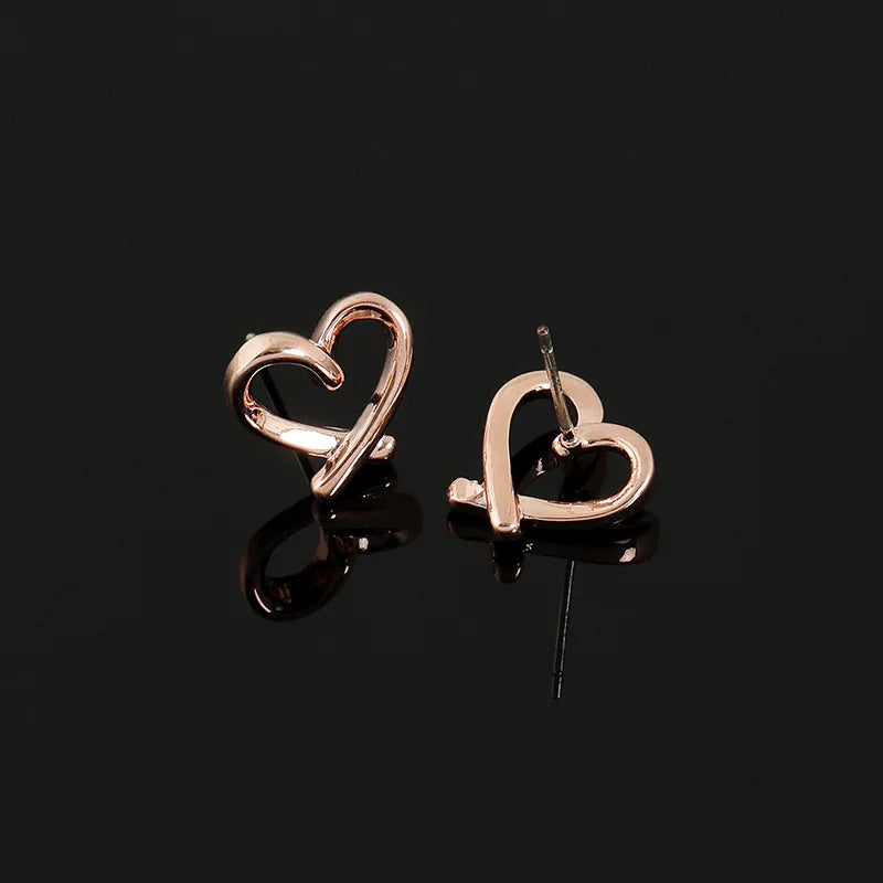 Elegant Rose Gold Alloy Open Heart Spiral Stud & Clip On No Piercing Minimalist Women's Earrings