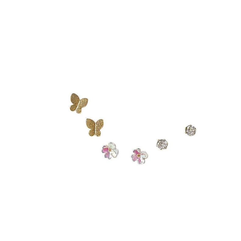 3 Piece 14K Gold Plated Copper Mini Flower Insect Geometric Stud Earrings