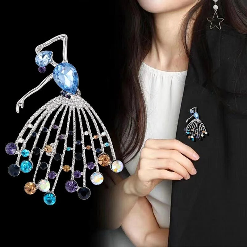 Elegant French Ballet Dancer Brooch With Blue Rhinestone Crystals, Alloy Lapel Pin Corsage Gift For Women