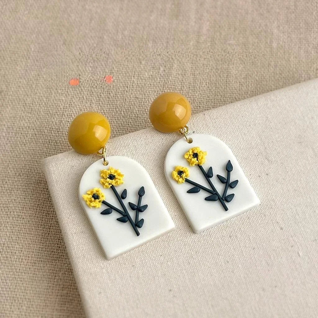 Summer Sweet Handmade Polymer Clay Rose Sunflower Floral Drop Earrings For Women