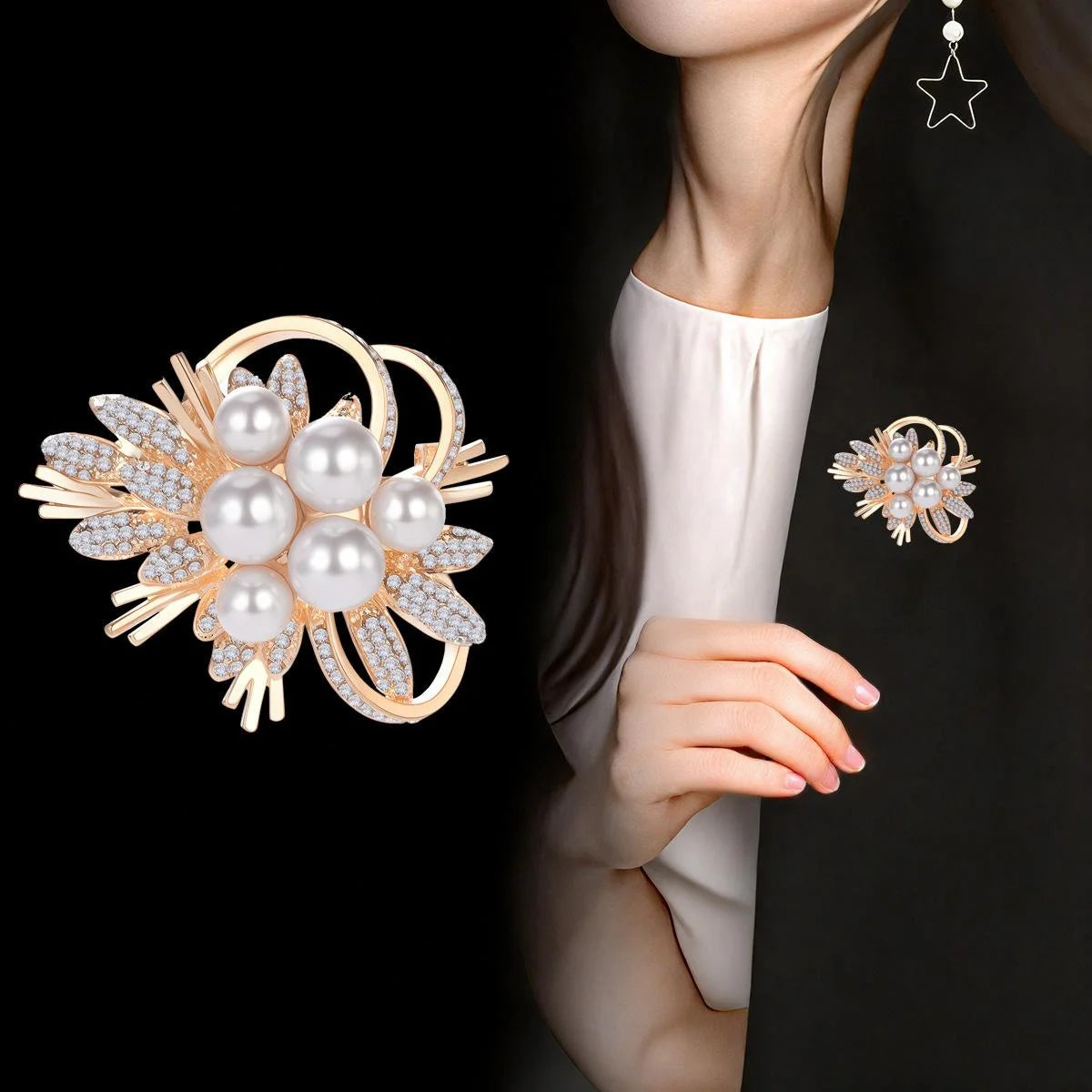 Elegant Pearl Rhinestone Flower Bouquet Brooch, Luxury Copper Alloy Lapel Pin Corsage For Suits Gift