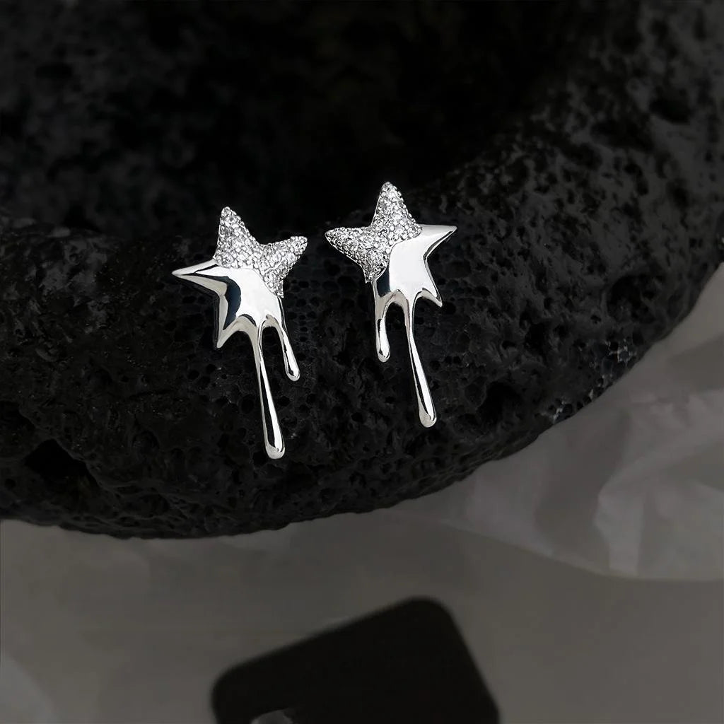 Silver Plated Copper Zircon Five Point Star Stud Earrings Minimalist Sweet Cool Jewelry