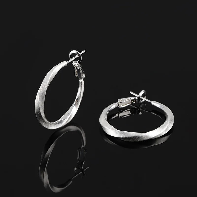 Elegant Brushed Silver Alloy Round Hoop Earrings, Stud & Clip On No Piercing Lightweight Hoop Earrings