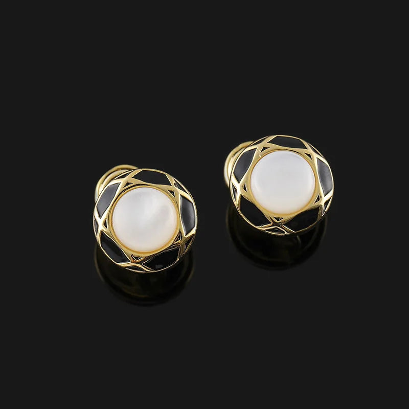 Vintage Black Enamel Shell Pearl Round Stud & Clip On No Piercing Luxury Gold Alloy Earrings