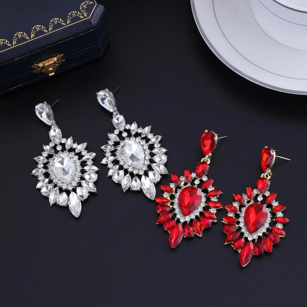 Vintage Luxury Red Crystal Rhinestone Teardrop Dangle Earrings, Gold Tone Alloy Bridal Wedding Party Banquet Gift