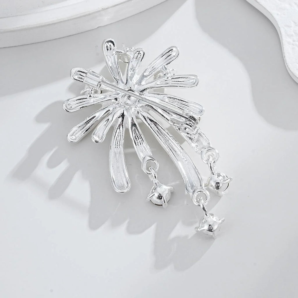 Elegant Firework Flower Brooch With Mother Of Pearl Petals And Rhinestone Tassels, Luxury Lapel Pin Gift