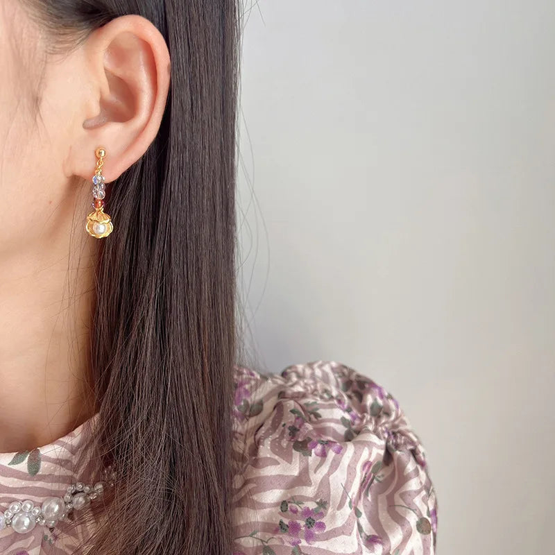 Elegant Colorful Crystal Beaded Hoop With Shell Pearl Pendant Stud & Clip On No Piercing Earrings