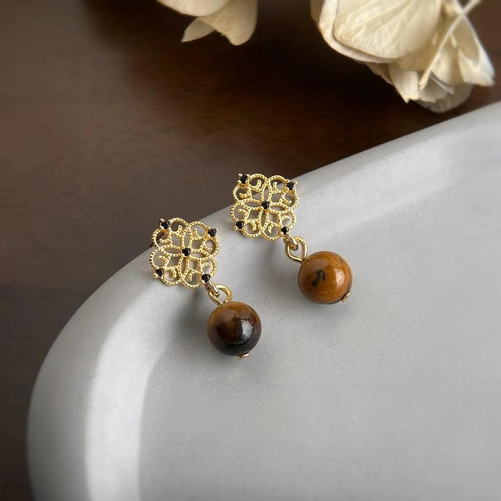 Light Luxury Natural Tiger Eye Stone Zircon Micro Pave 14K Plated Floral Geometric Drop Earrings