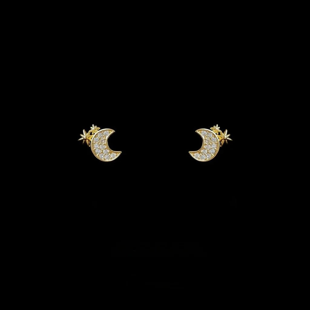Sweet Mini Moon Star Zircon Copper Stud Earrings With Silver Plated Posts