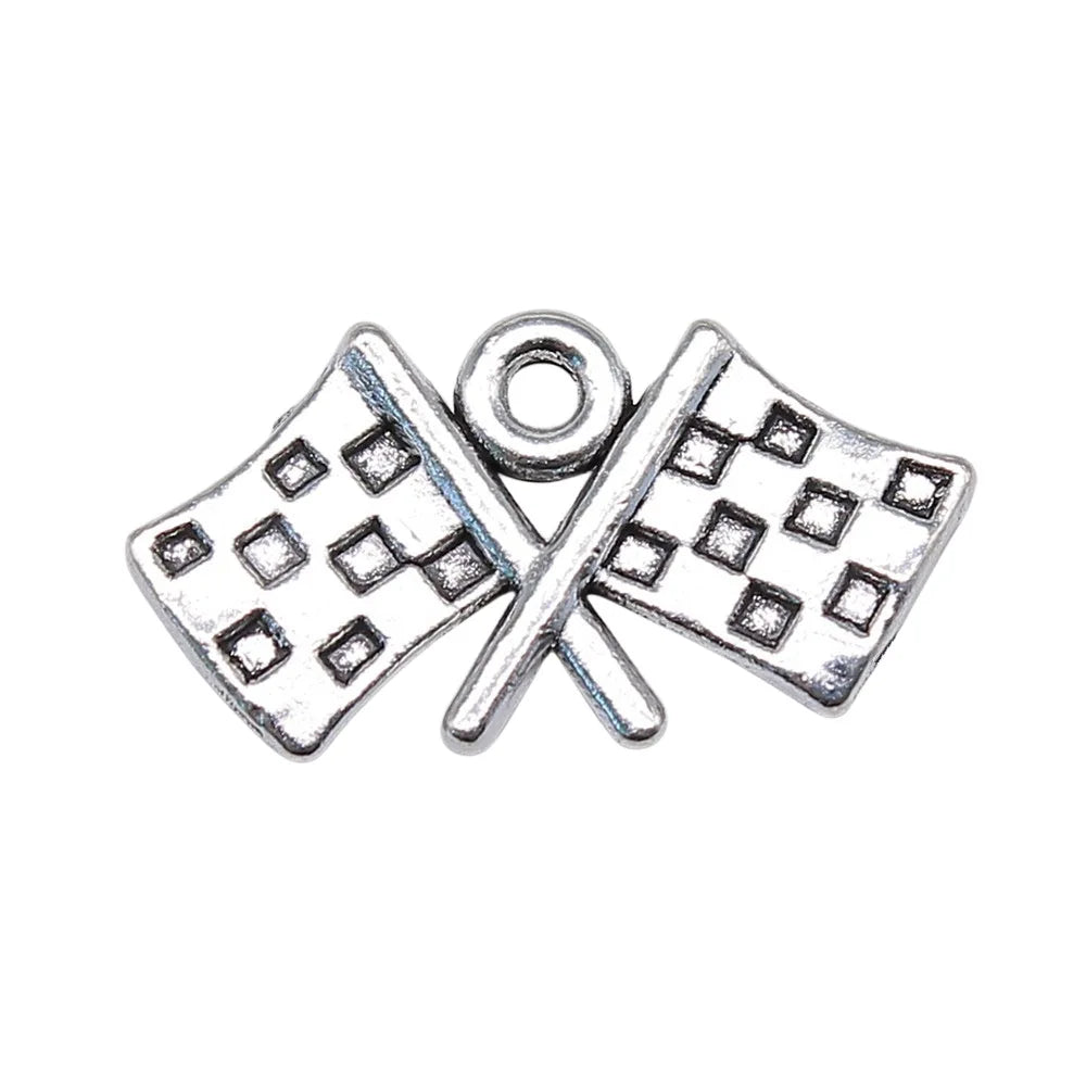 22x12mm 1.6g Antique Silver Zinc Alloy Racing Flag Charm Pendant for DIY Sports Jewelry Making
