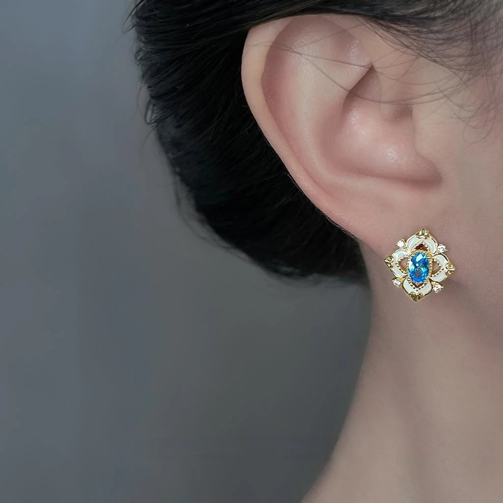 Light Luxury Aquamarine Enamel Floral Geometric Zircon Copper Stud Earrings