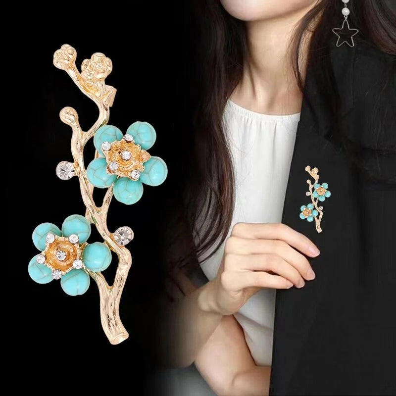 Elegant Turquoise Enamel Plum Blossom Branch Brooch With Rhinestones, Gold Alloy Lapel Pin Suit Accessory